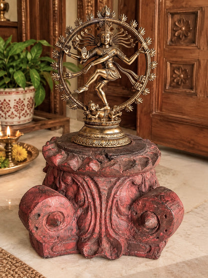 Vintage Distressed Red Pillar Base Plant, Statue & Candle Stand – Set of 2