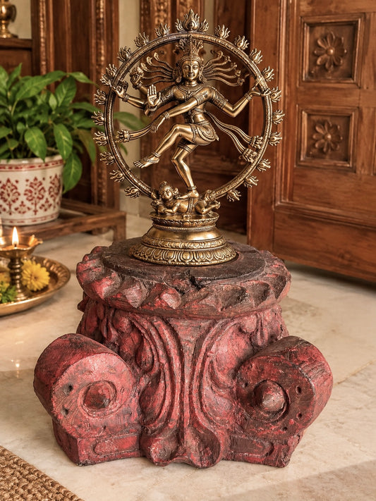 Vintage Distressed Red Pillar Base Plant, Statue & Candle Stand – Set of 2