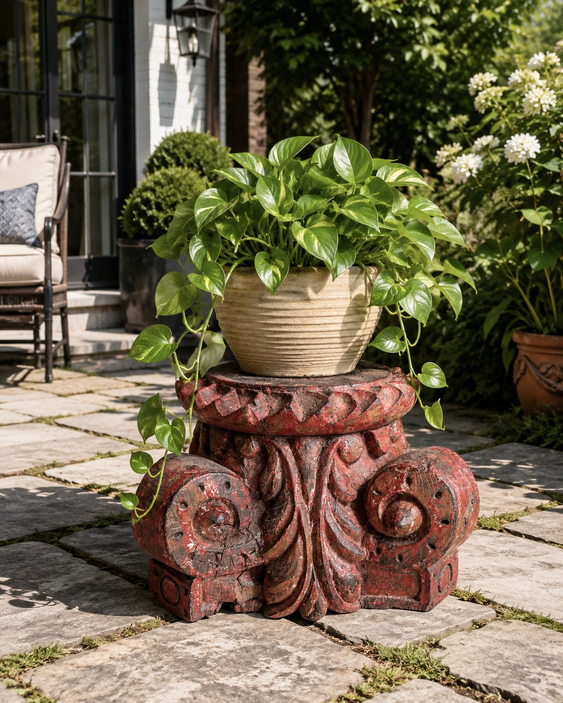 vintage distressed red pillar base plant, statue & candle stand – set of 2