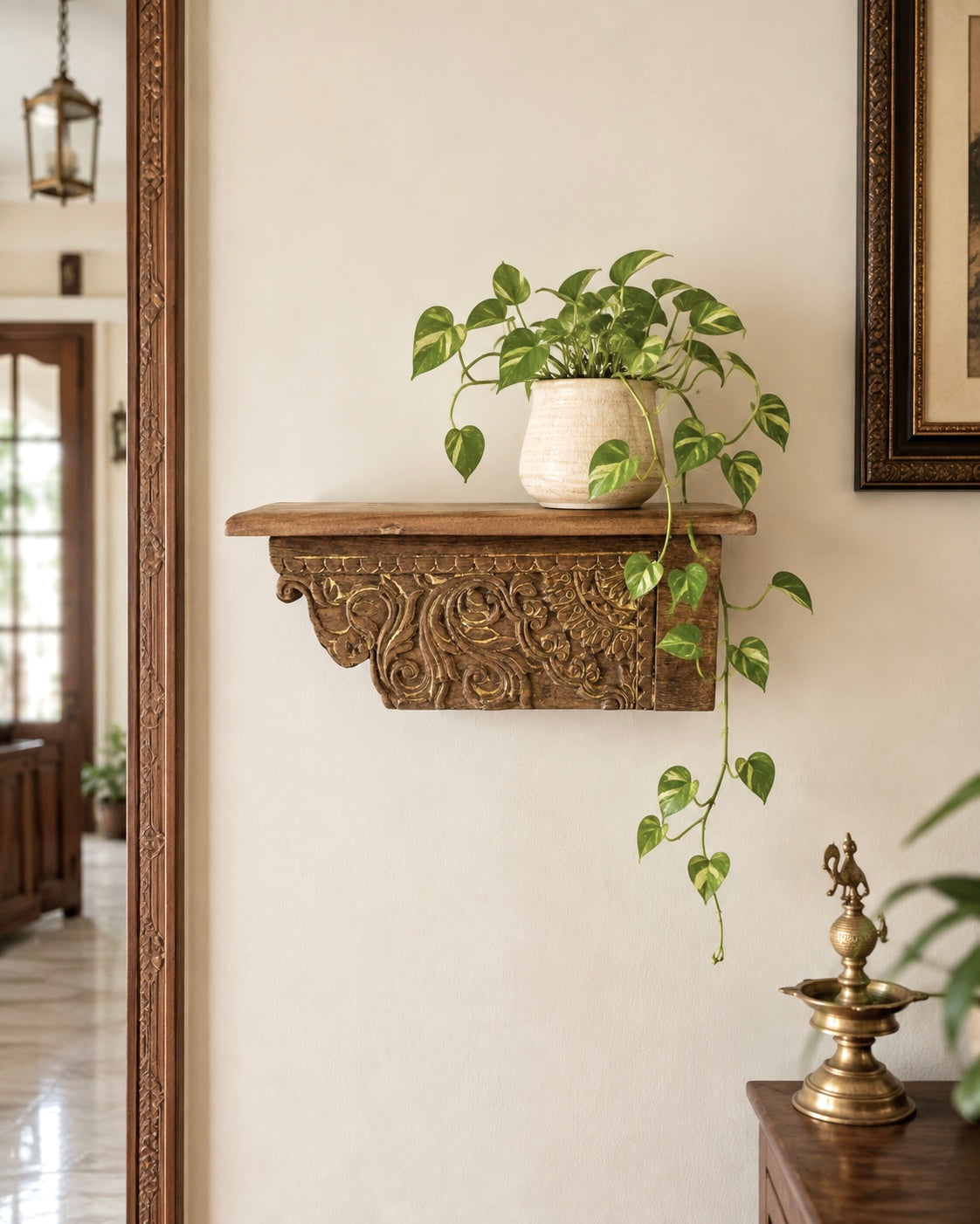 vintage hand-carved floral wooden wall shelf