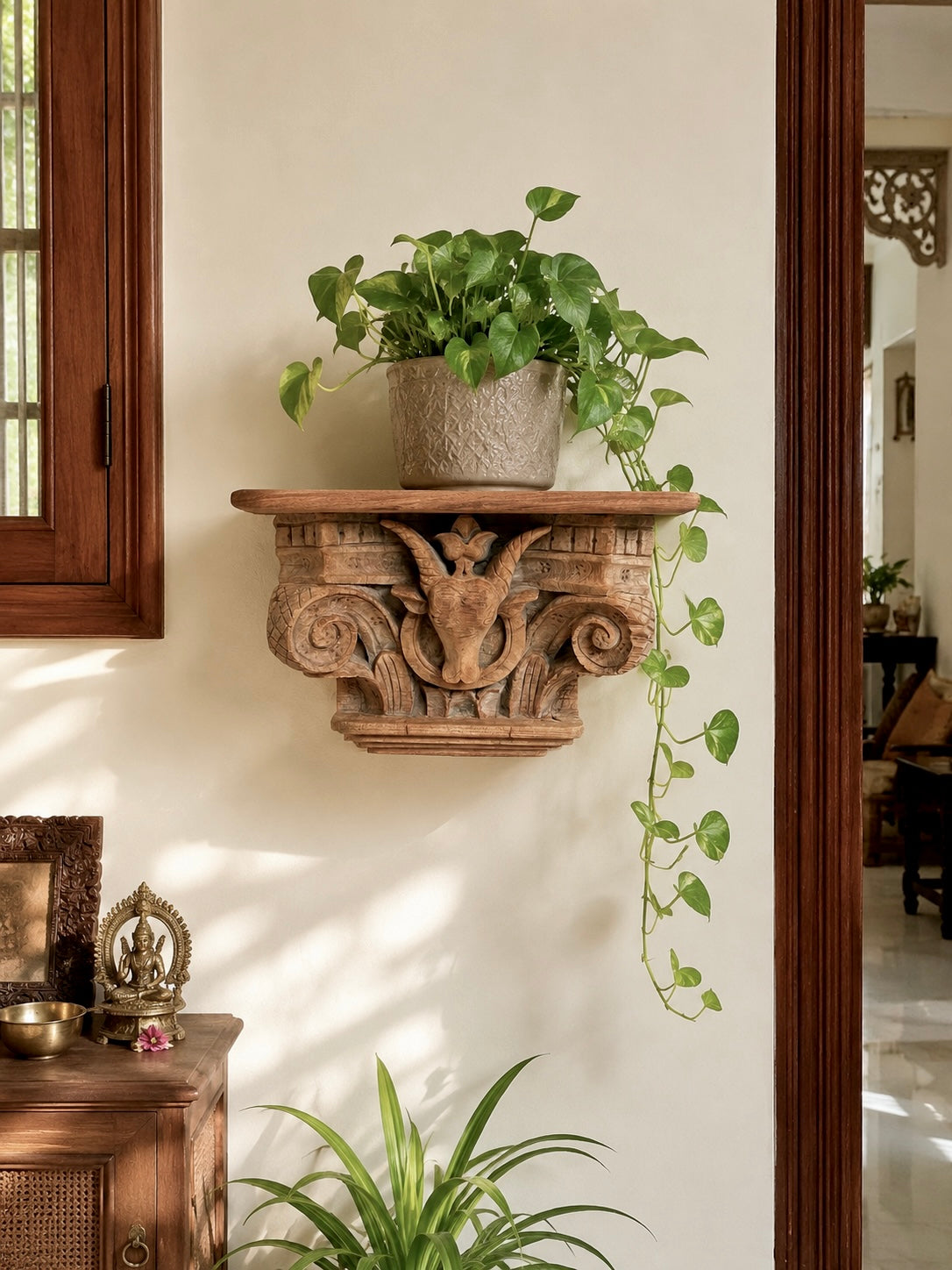 vintage artisan carved wooden wall shelf