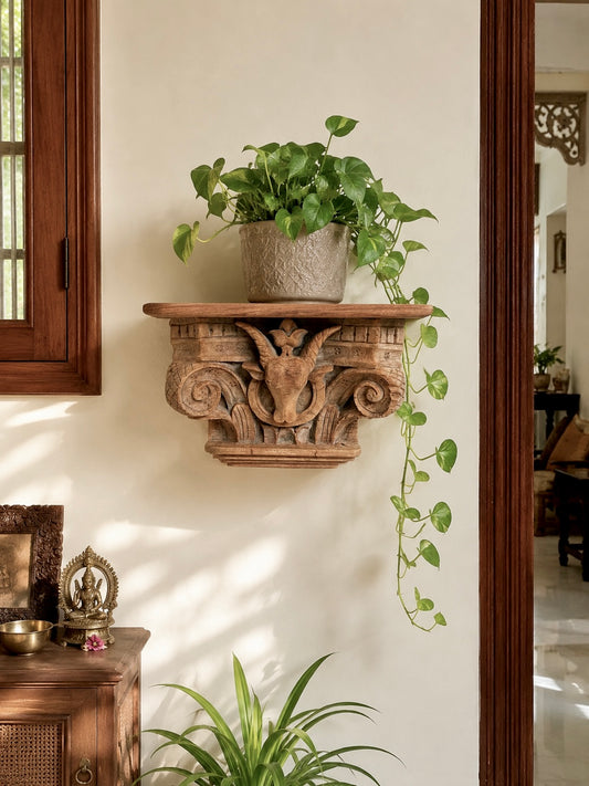 Vintage Artisan Carved Wooden Wall Shelf