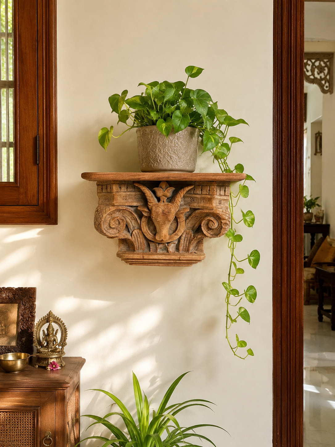 vintage artisan carved wooden wall shelf