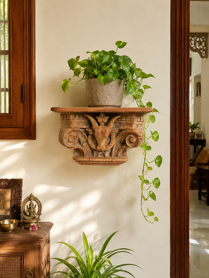 Vintage Artisan Carved Wooden Wall Shelf