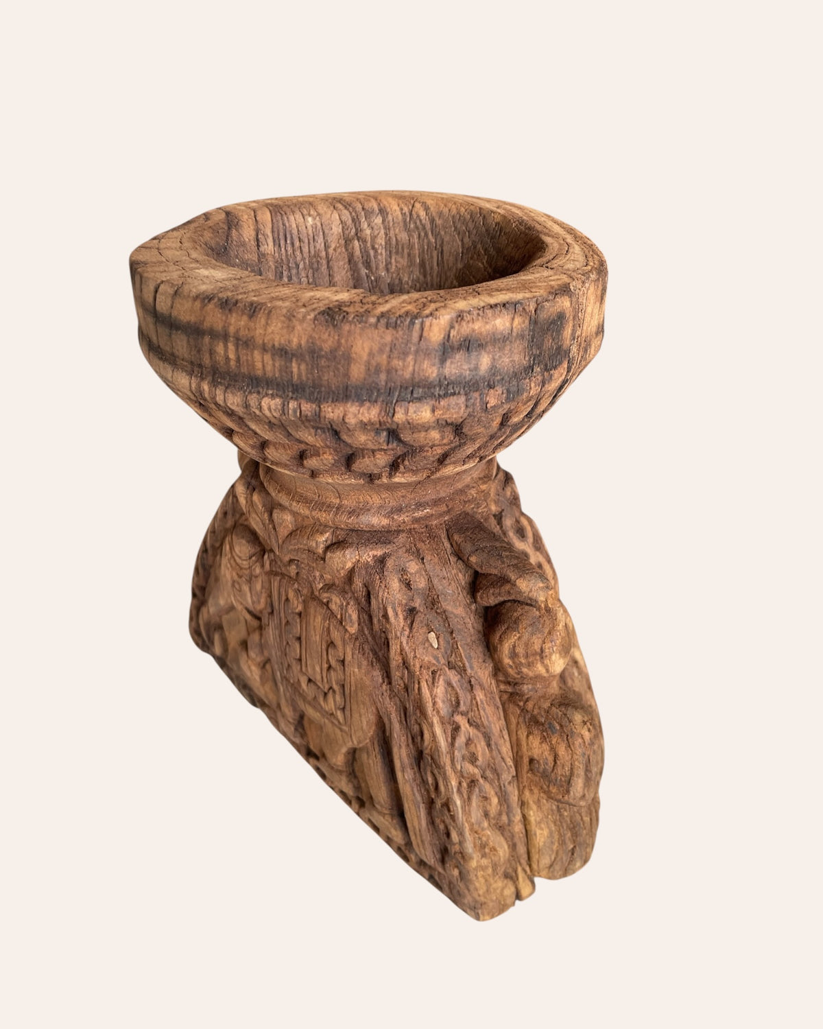 vintage gujarat hand-carved candle holder & planter