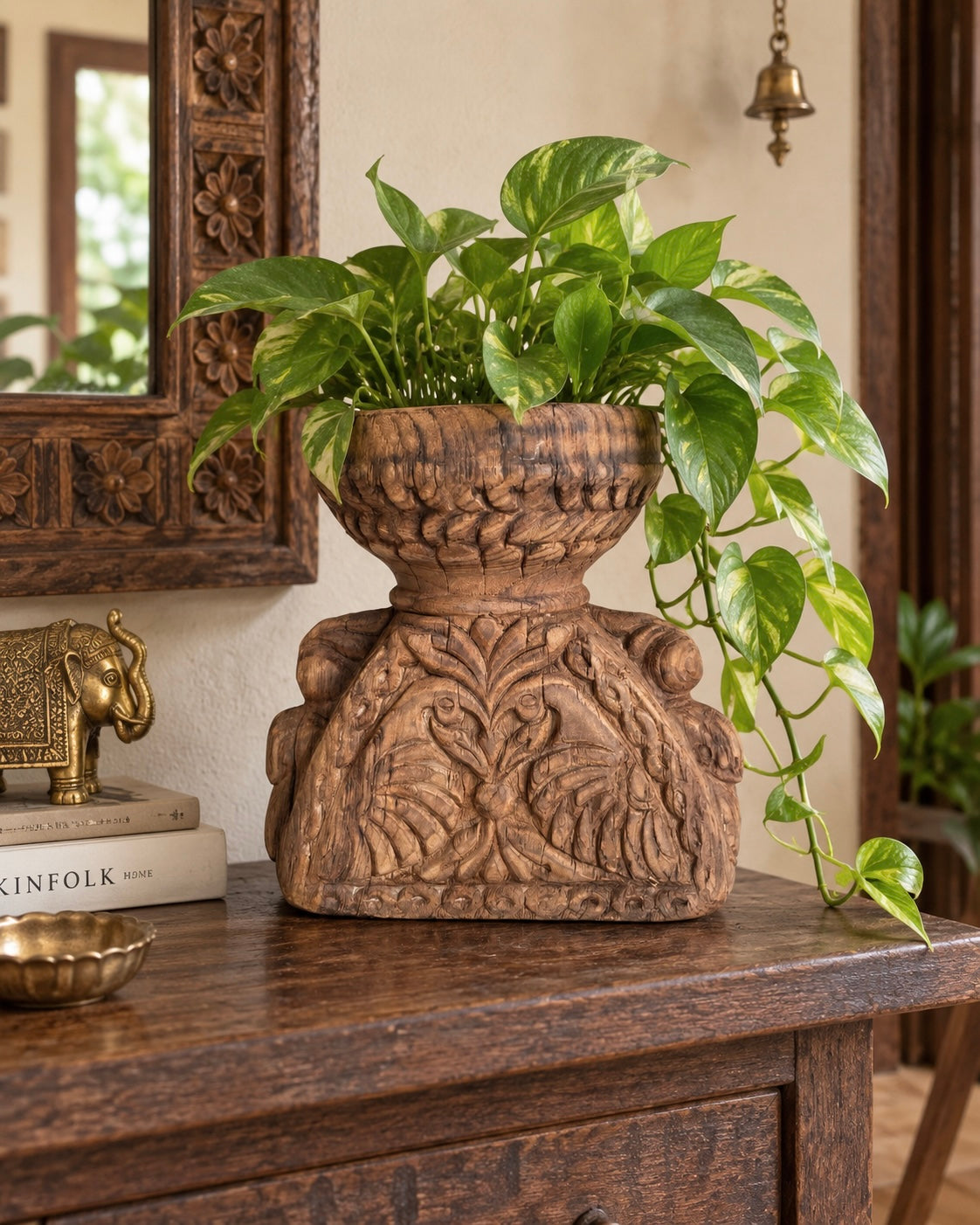 vintage gujarat hand-carved candle holder & planter