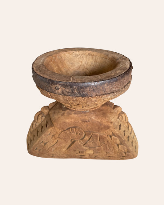 Vintage Bird & Elephant Carved Candle Holder & Planter