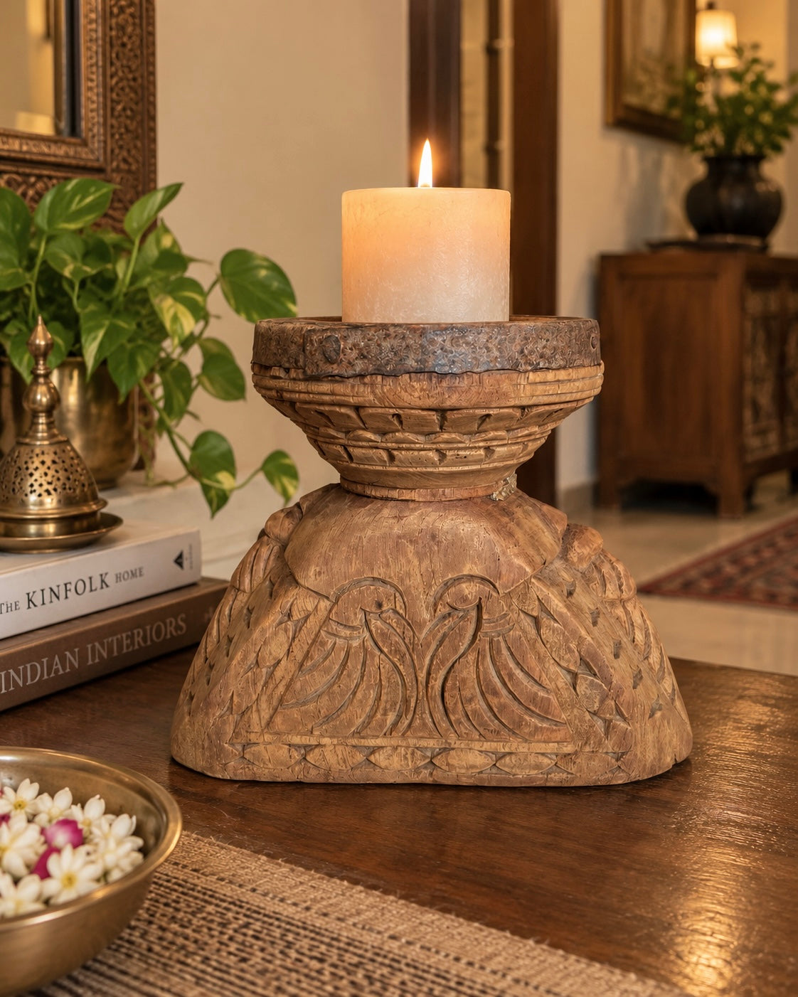 vintage bird & elephant carved candle holder & planter