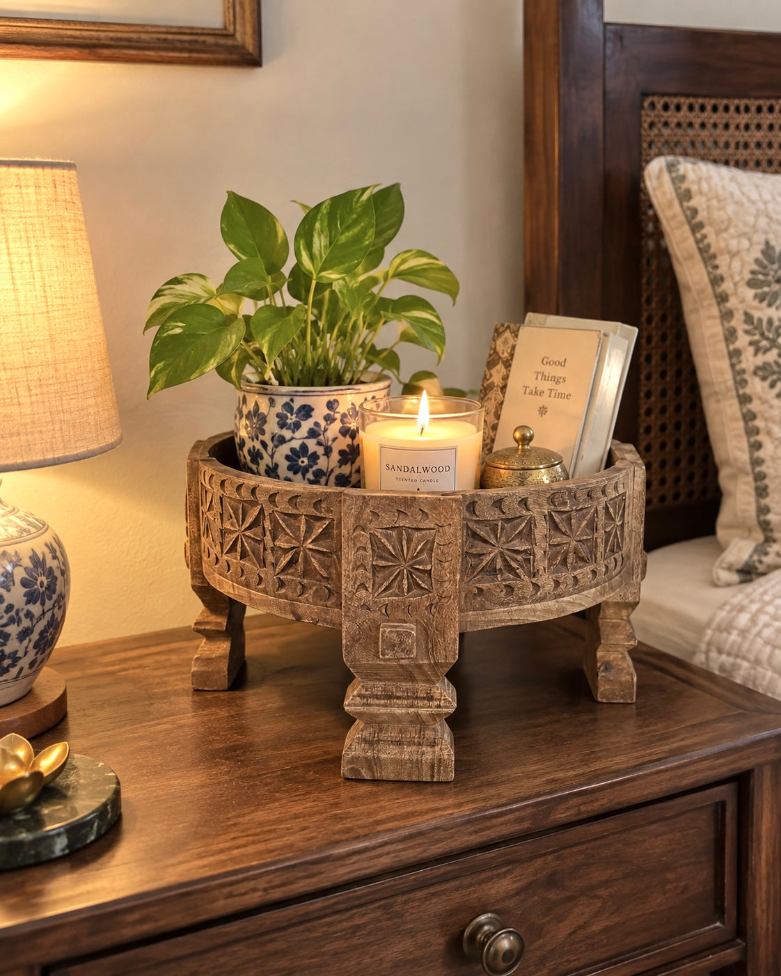 vintage-inspired mango wood half chakki table & shelf