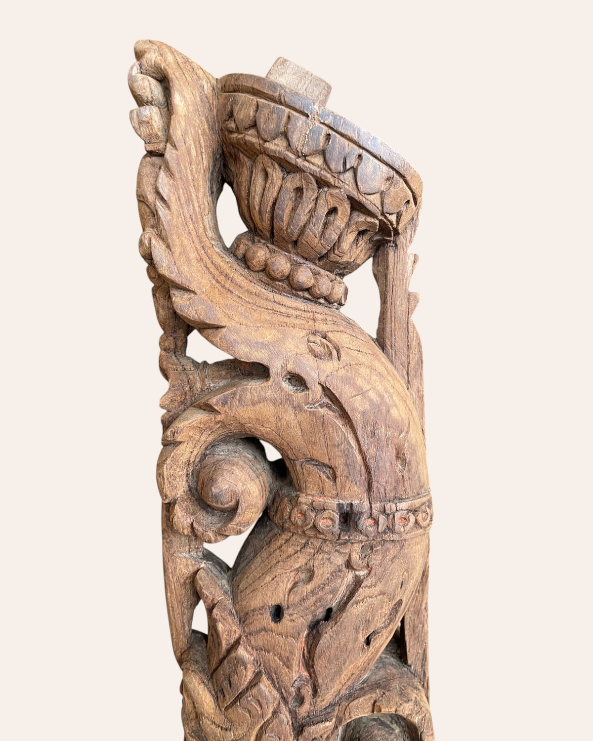 vintage south indian hand-carved yali bracket on iron stand