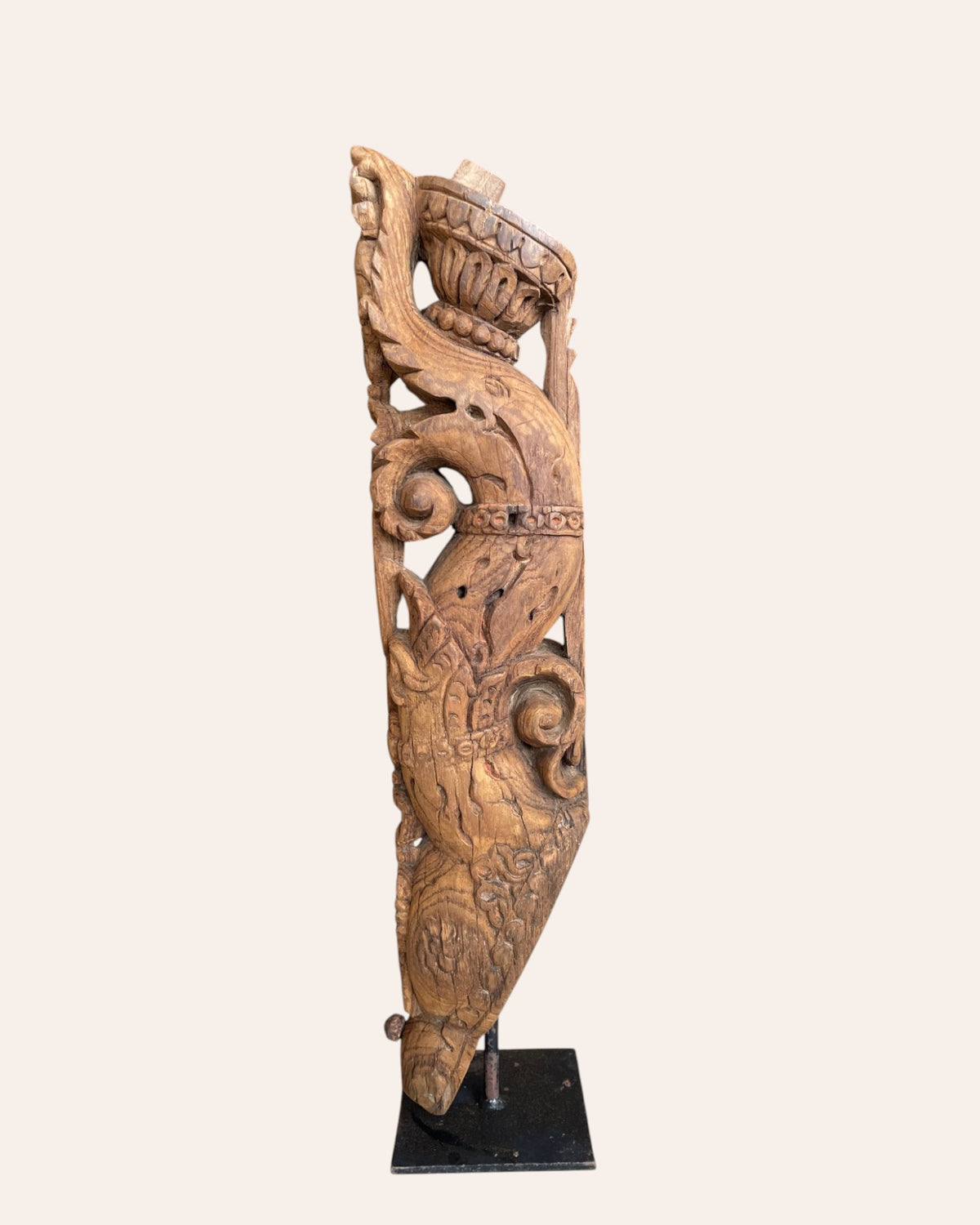 vintage south indian hand-carved yali bracket on iron stand