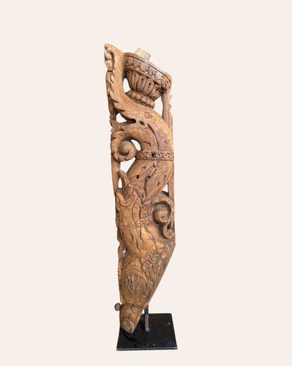 Vintage South Indian Hand-Carved Yali Bracket on Iron Stand