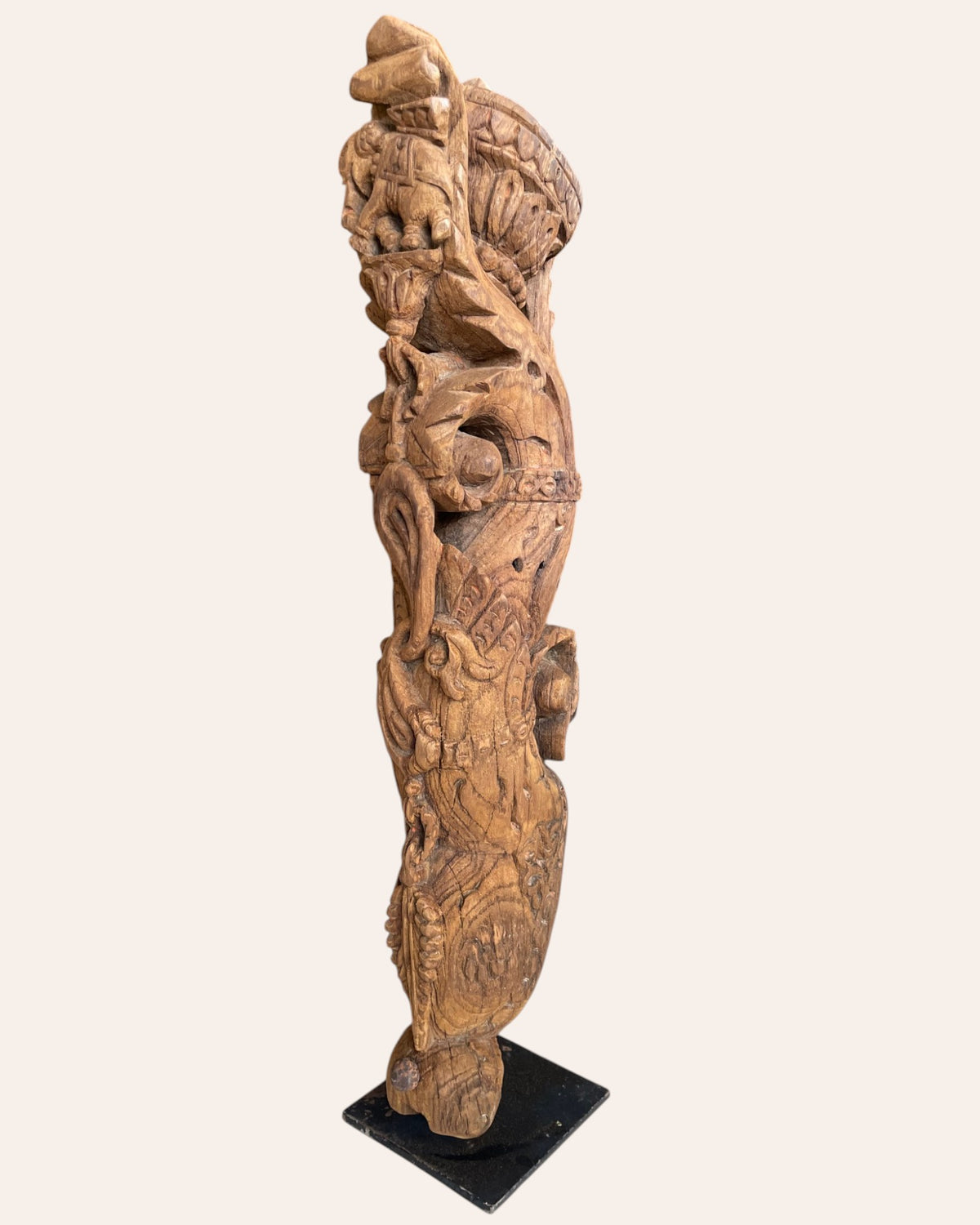 vintage south indian hand-carved yali bracket on iron stand