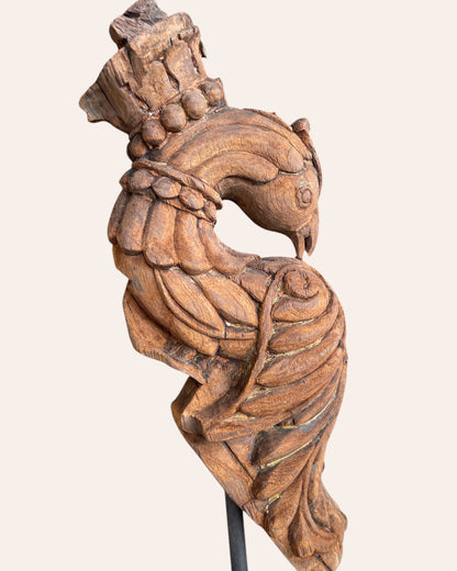 Vintage South Indian Hand-Carved Peacock on Iron Stand