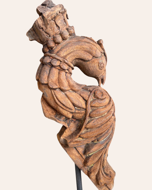 Vintage South Indian Hand-Carved Peacock on Iron Stand