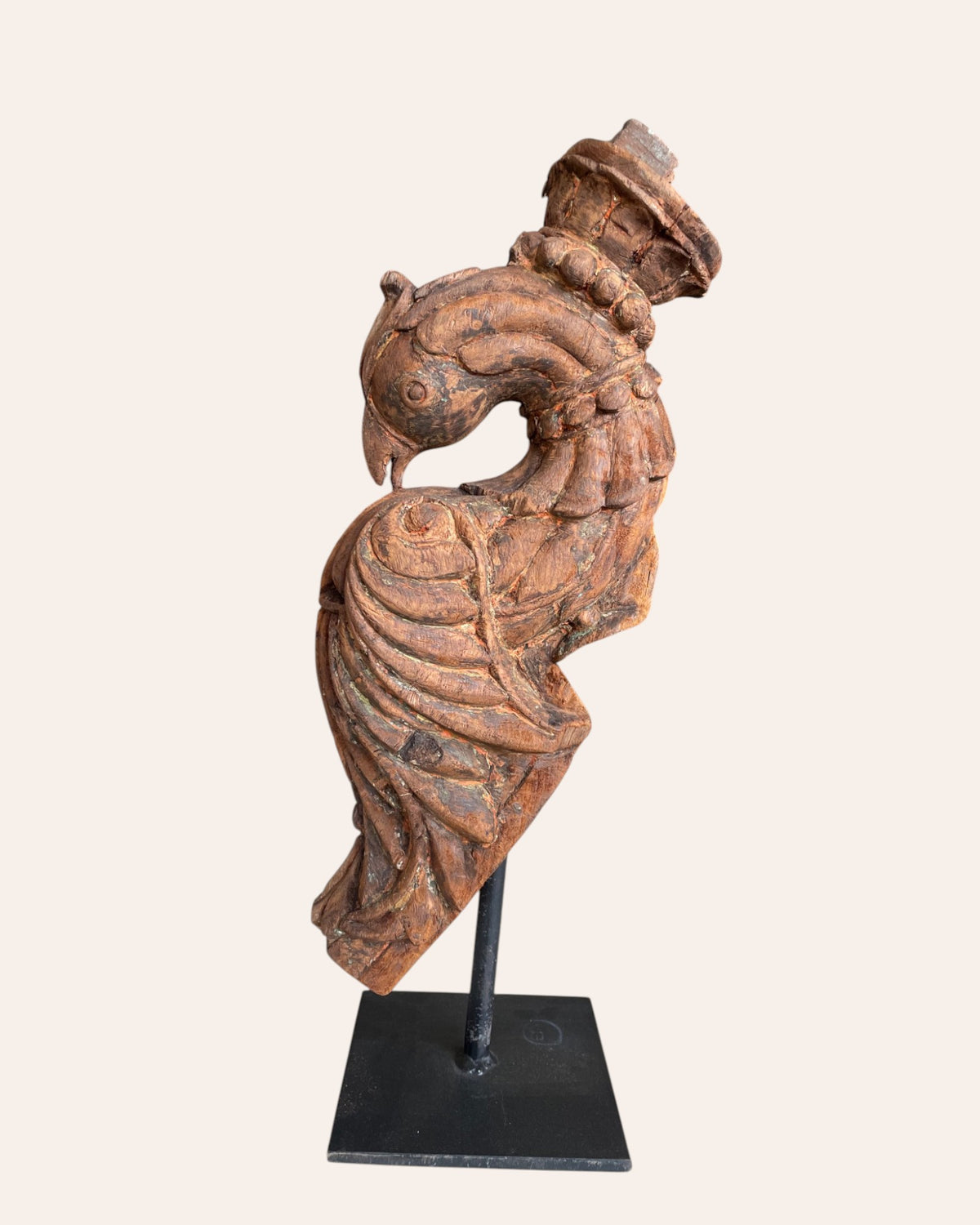 vintage south indian hand-carved peacock on iron stand