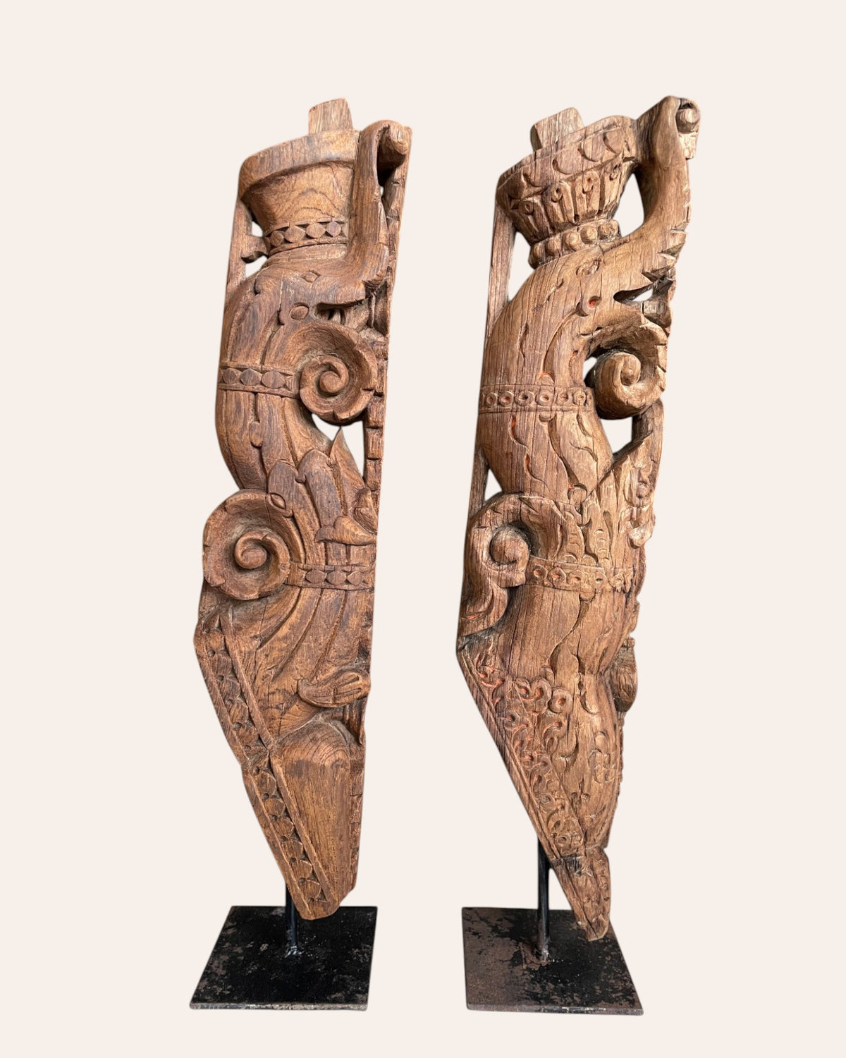vintage south indian hand-carved yali architectural brackets on iron stands – set of 2