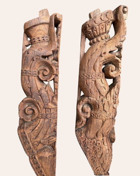 Vintage South Indian Hand-Carved Yali Architectural Brackets on Iron Stands – Set of 2