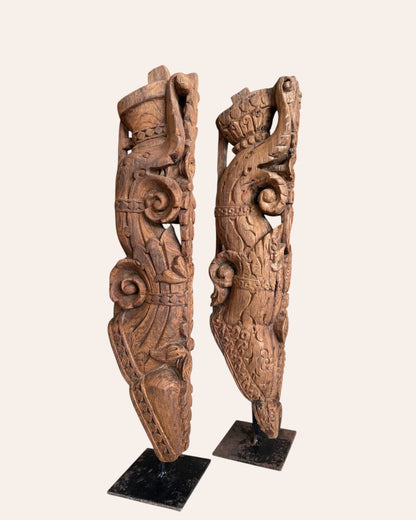 Vintage South Indian Hand-Carved Yali Architectural Brackets on Iron Stands – Set of 2
