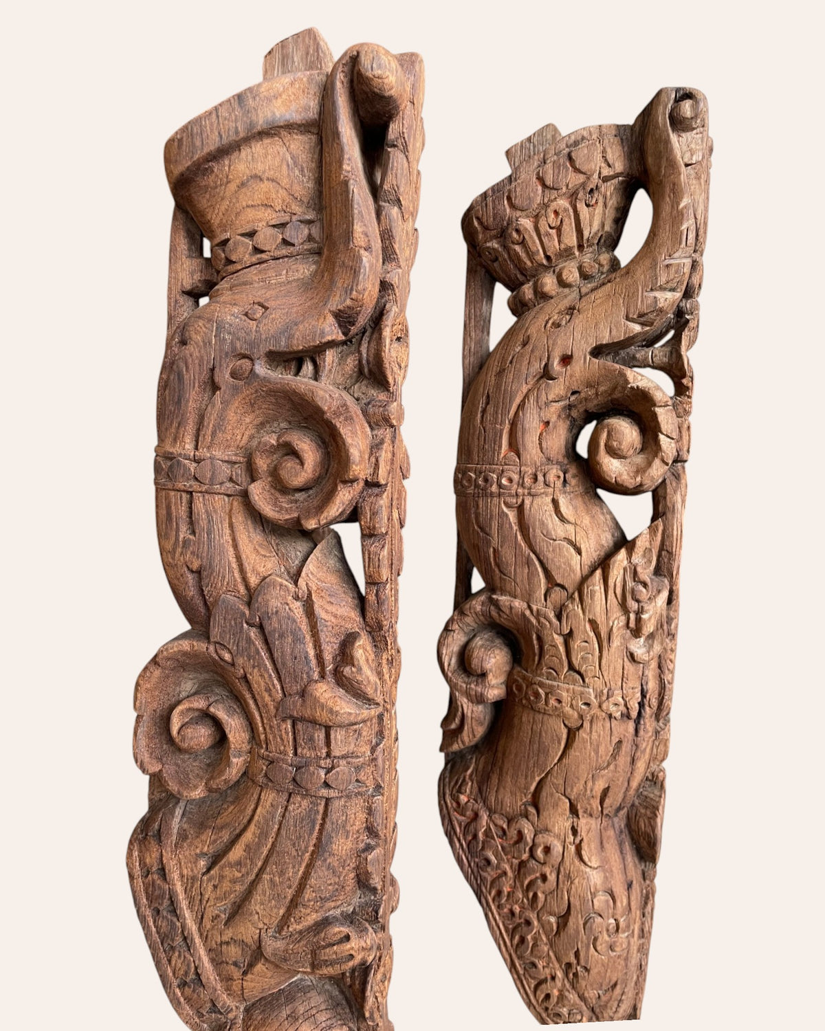 vintage south indian hand-carved yali architectural brackets on iron stands – set of 2
