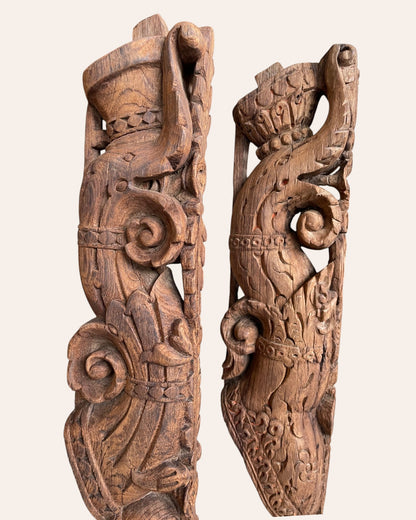 Vintage South Indian Hand-Carved Yali Architectural Brackets on Iron Stands – Set of 2