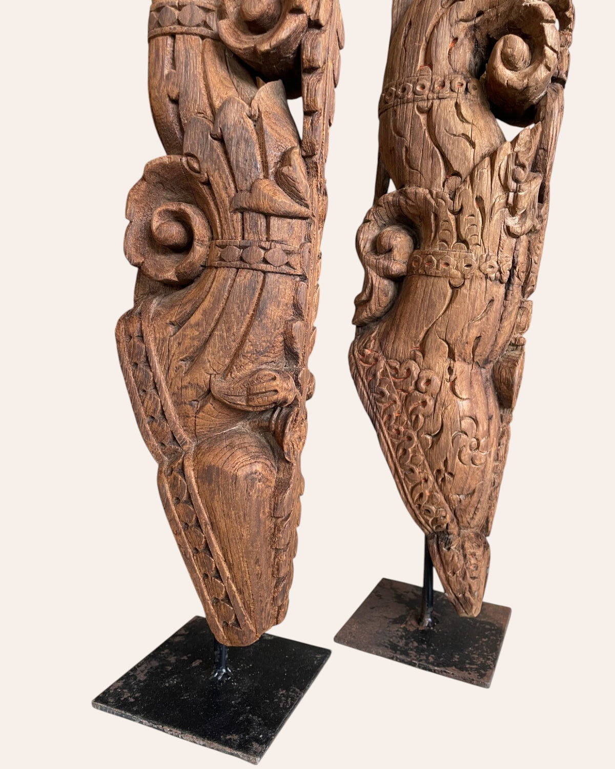 vintage south indian hand-carved yali architectural brackets on iron stands – set of 2