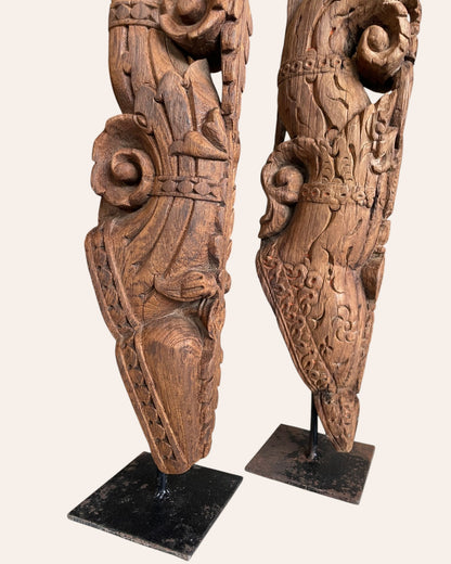 Vintage South Indian Hand-Carved Yali Architectural Brackets on Iron Stands – Set of 2