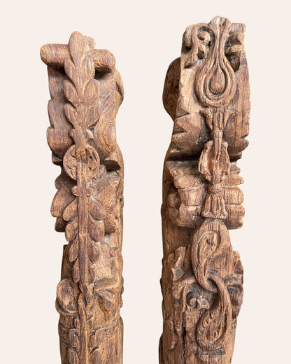 Vintage South Indian Hand-Carved Yali Architectural Brackets on Iron Stands – Set of 2