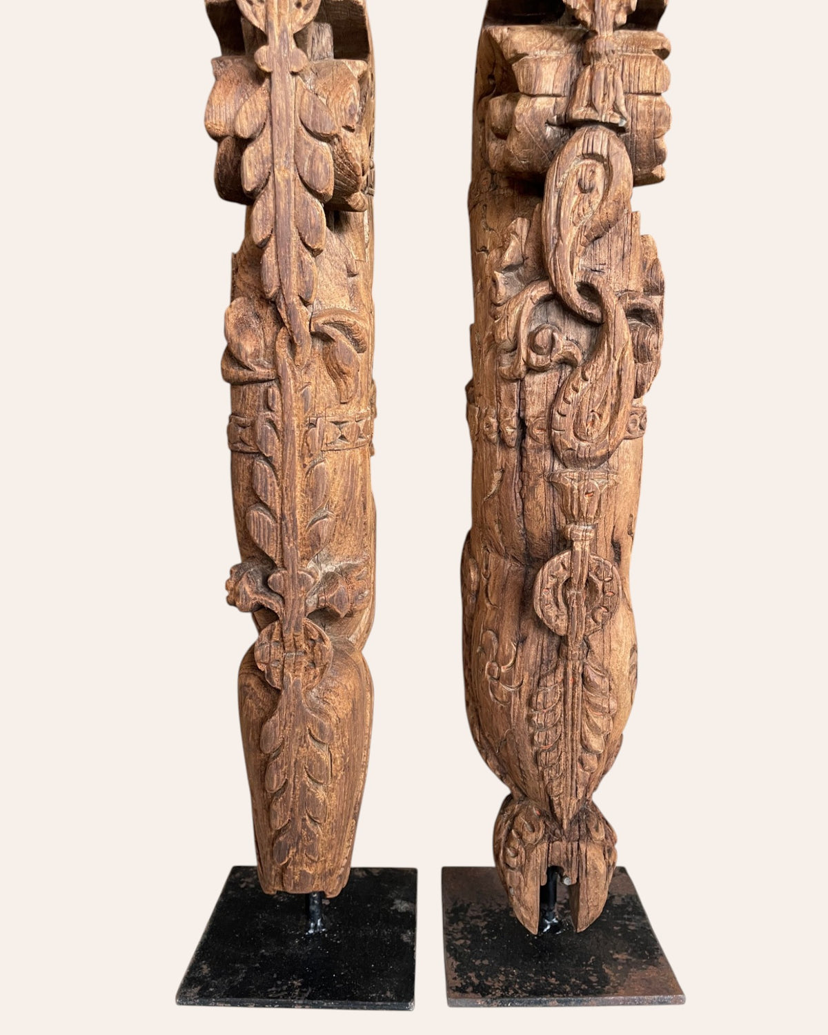 vintage south indian hand-carved yali architectural brackets on iron stands – set of 2