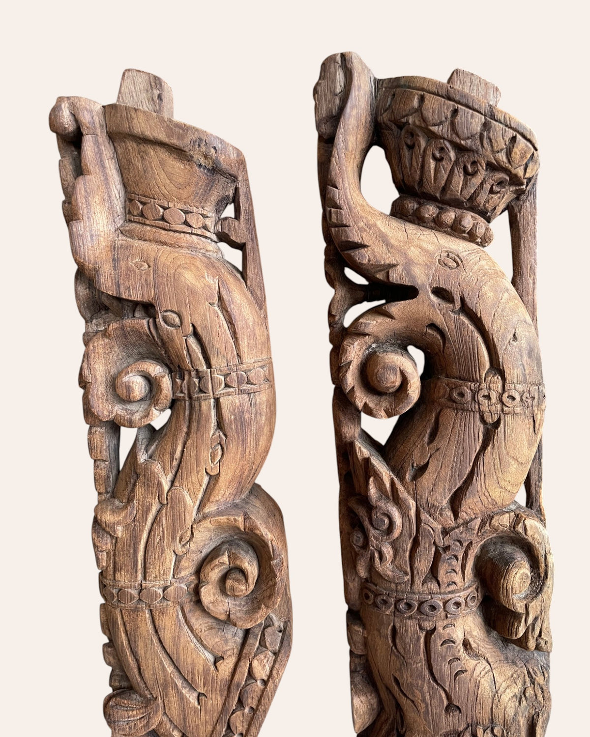 vintage south indian hand-carved yali architectural brackets on iron stands – set of 2