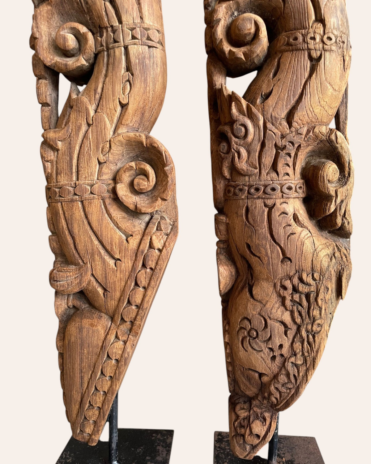 vintage south indian hand-carved yali architectural brackets on iron stands – set of 2