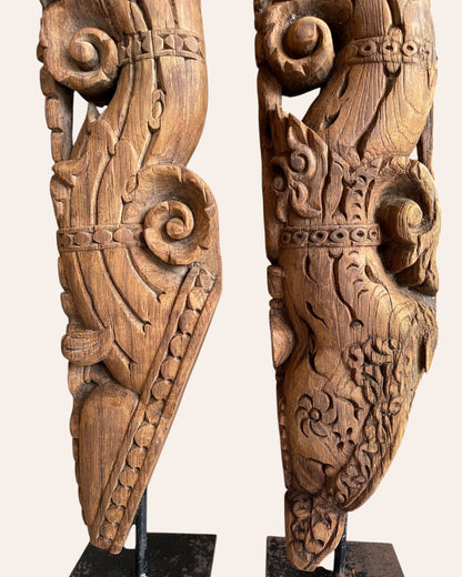 Vintage South Indian Hand-Carved Yali Architectural Brackets on Iron Stands – Set of 2