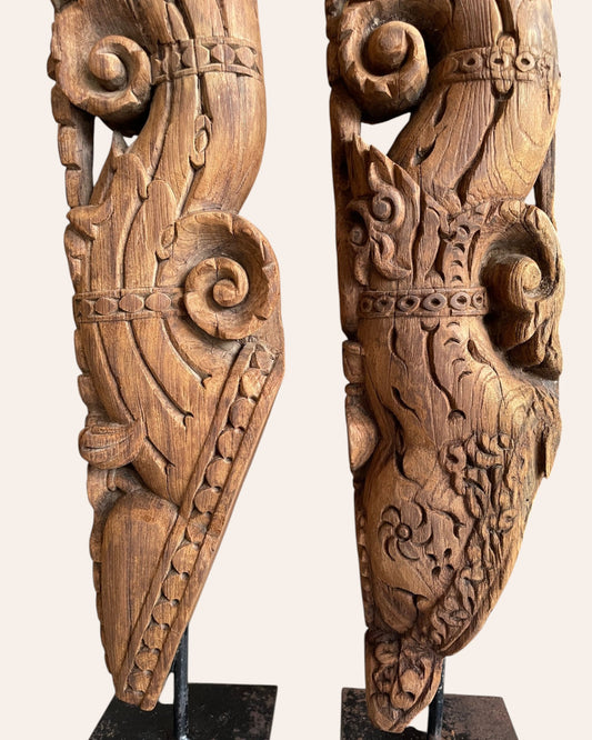 Vintage South Indian Hand-Carved Yali Architectural Brackets on Iron Stands – Set of 2