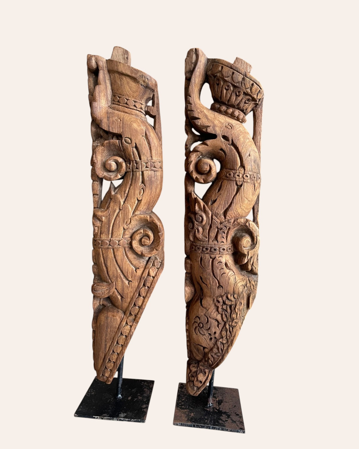 vintage south indian hand-carved yali architectural brackets on iron stands – set of 2