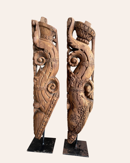 Vintage South Indian Hand-Carved Yali Architectural Brackets on Iron Stands – Set of 2