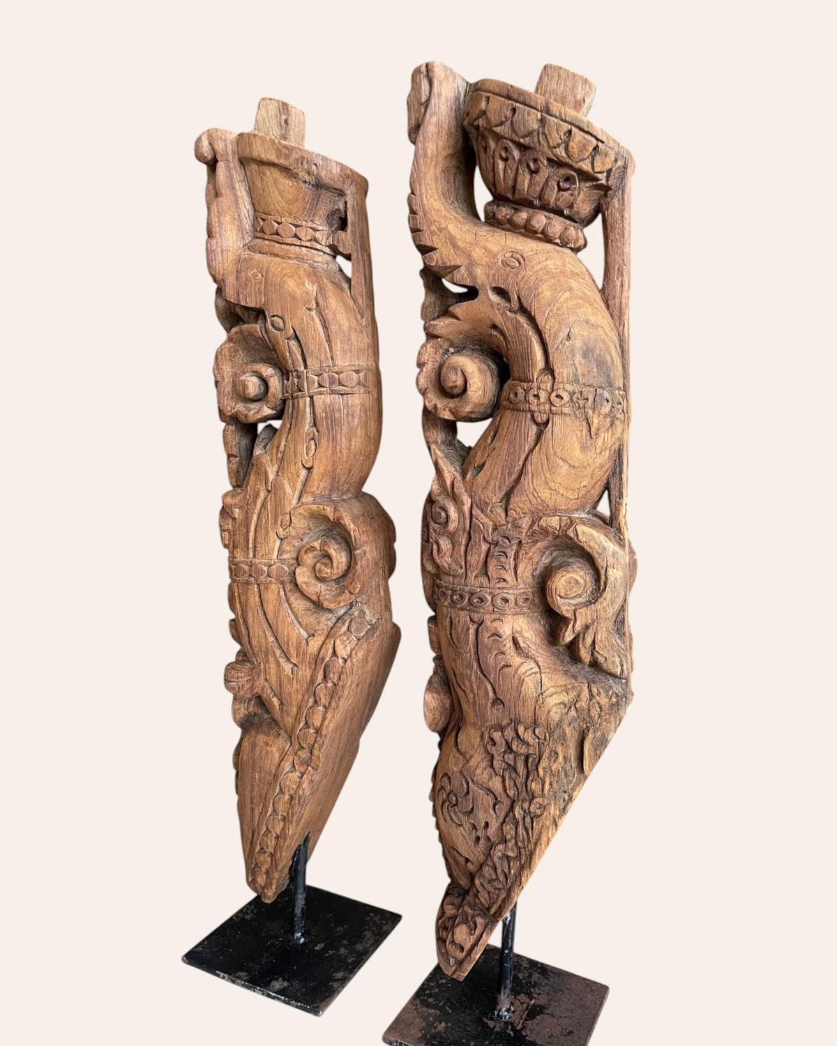 vintage south indian hand-carved yali architectural brackets on iron stands – set of 2