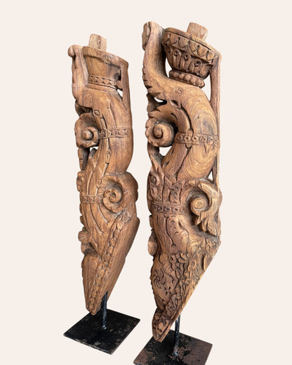 Vintage South Indian Hand-Carved Yali Architectural Brackets on Iron Stands – Set of 2