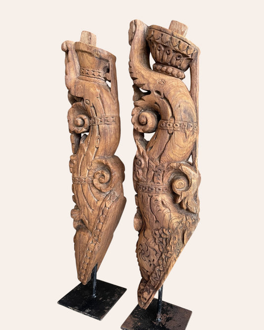 Vintage South Indian Hand-Carved Yali Architectural Brackets on Iron Stands – Set of 2