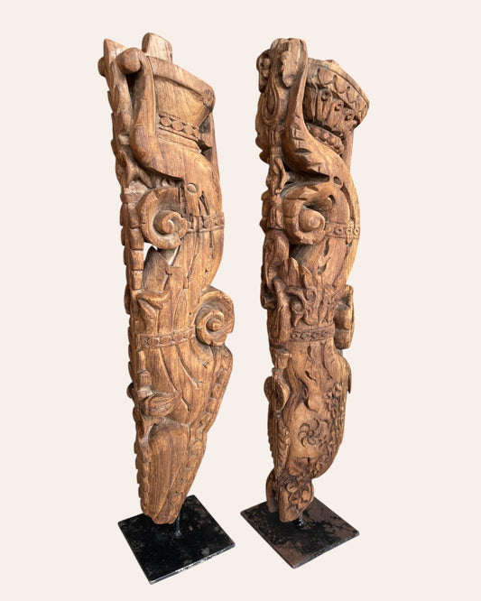 Vintage South Indian Hand-Carved Yali Architectural Brackets on Iron Stands – Set of 2