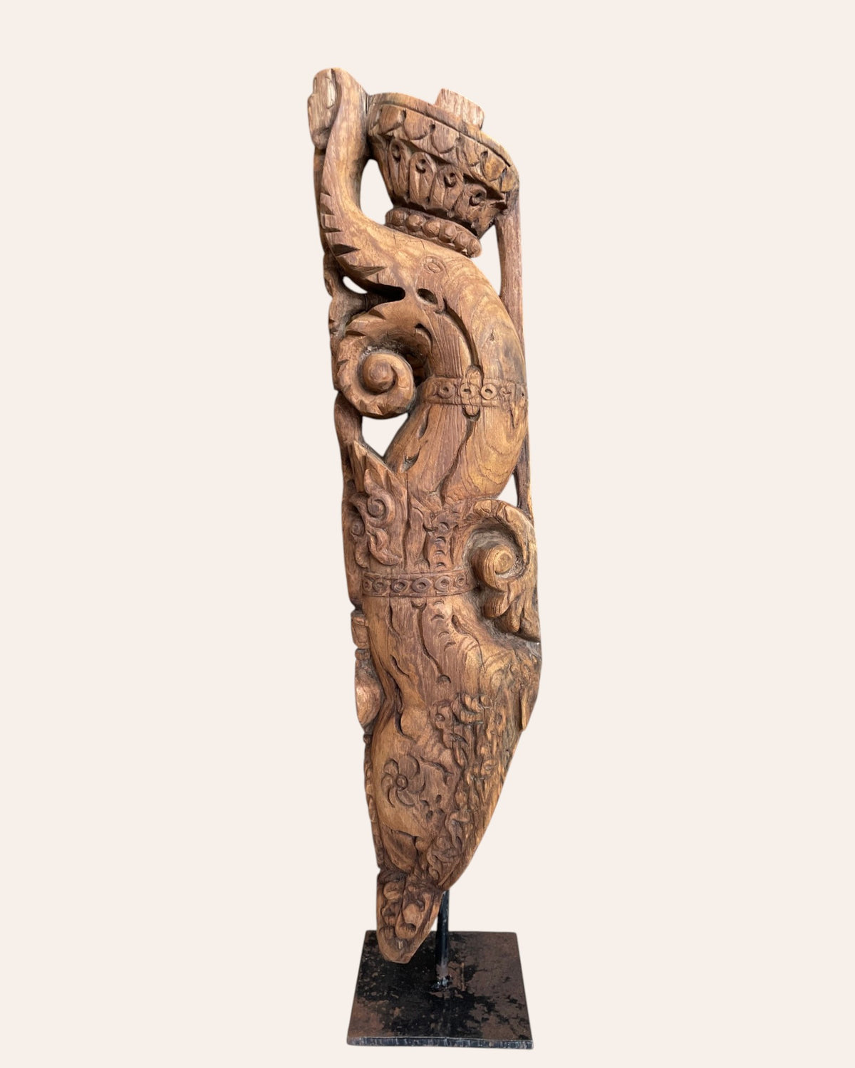 vintage hand-carved  yali bracket architectural support on iron stand