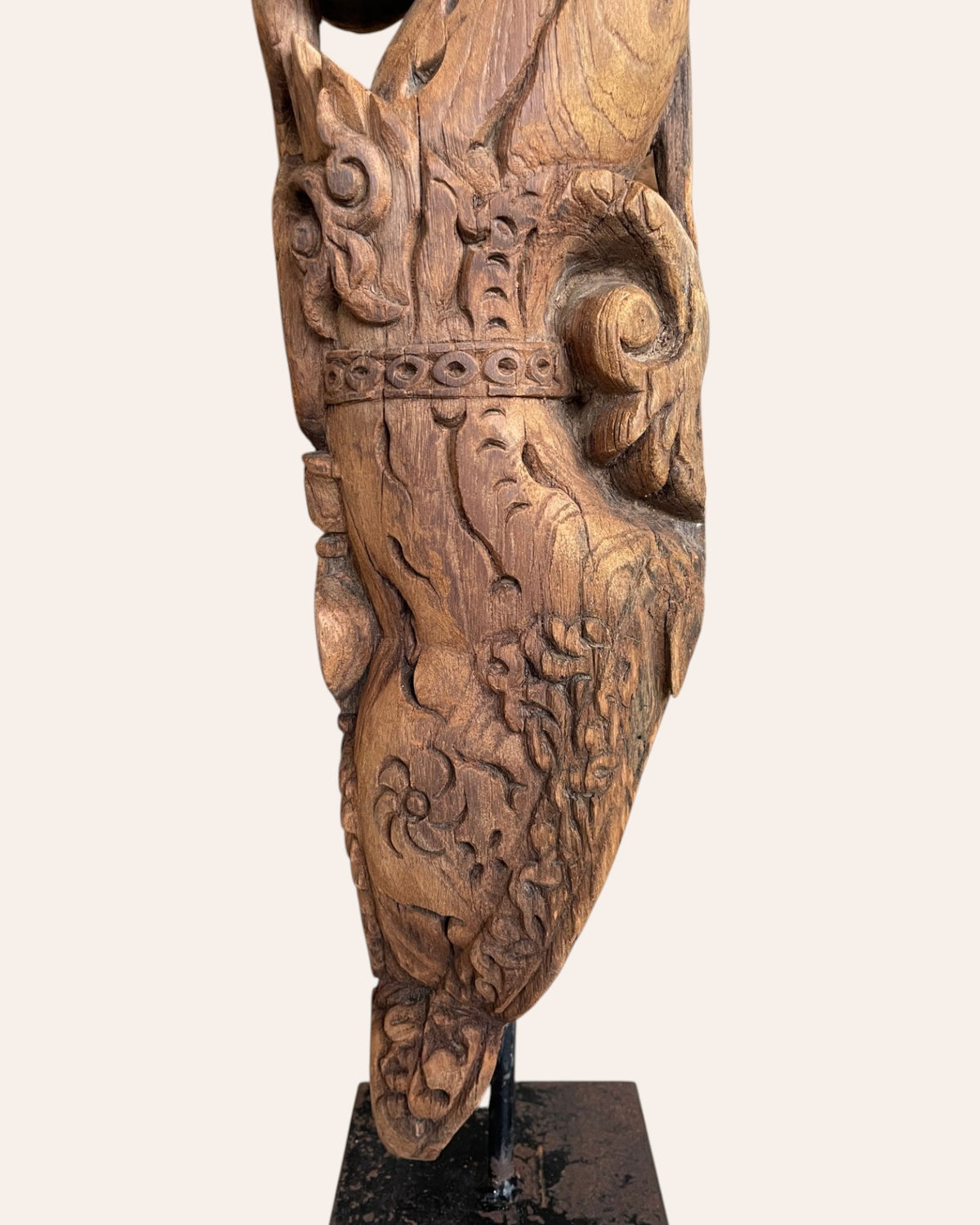 vintage hand-carved  yali bracket architectural support on iron stand