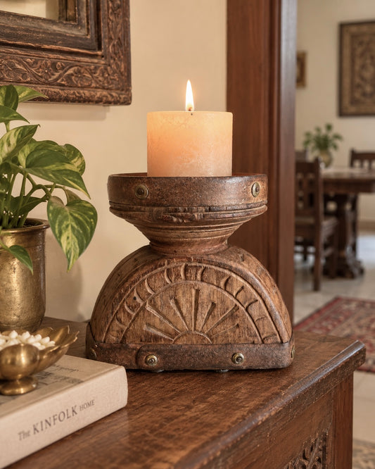 Vintage Candle Holder & Planter with Aged Iron Bands
