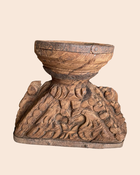 Vintage Elephant & Bird Carved Candle Holder & Planter with Aged Iron Bands
