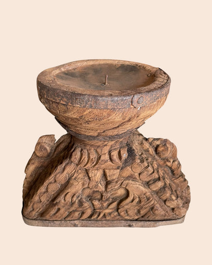 Vintage Elephant & Bird Carved Candle Holder & Planter with Aged Iron Bands