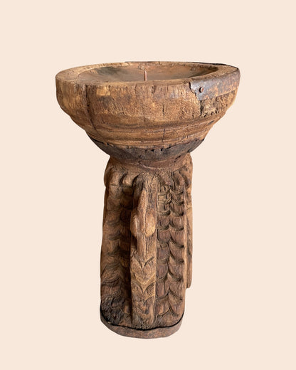 Vintage Elephant & Bird Carved Candle Holder & Planter with Aged Iron Bands
