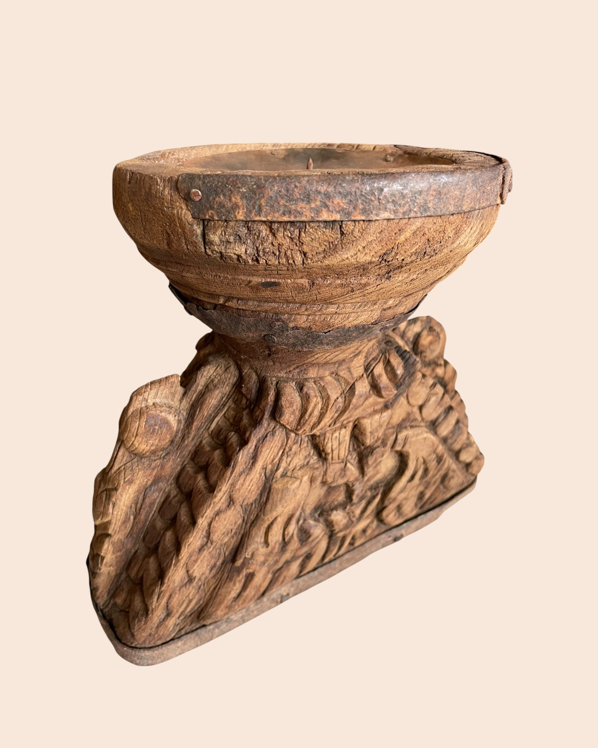 vintage elephant & bird carved candle holder & planter with aged iron bands