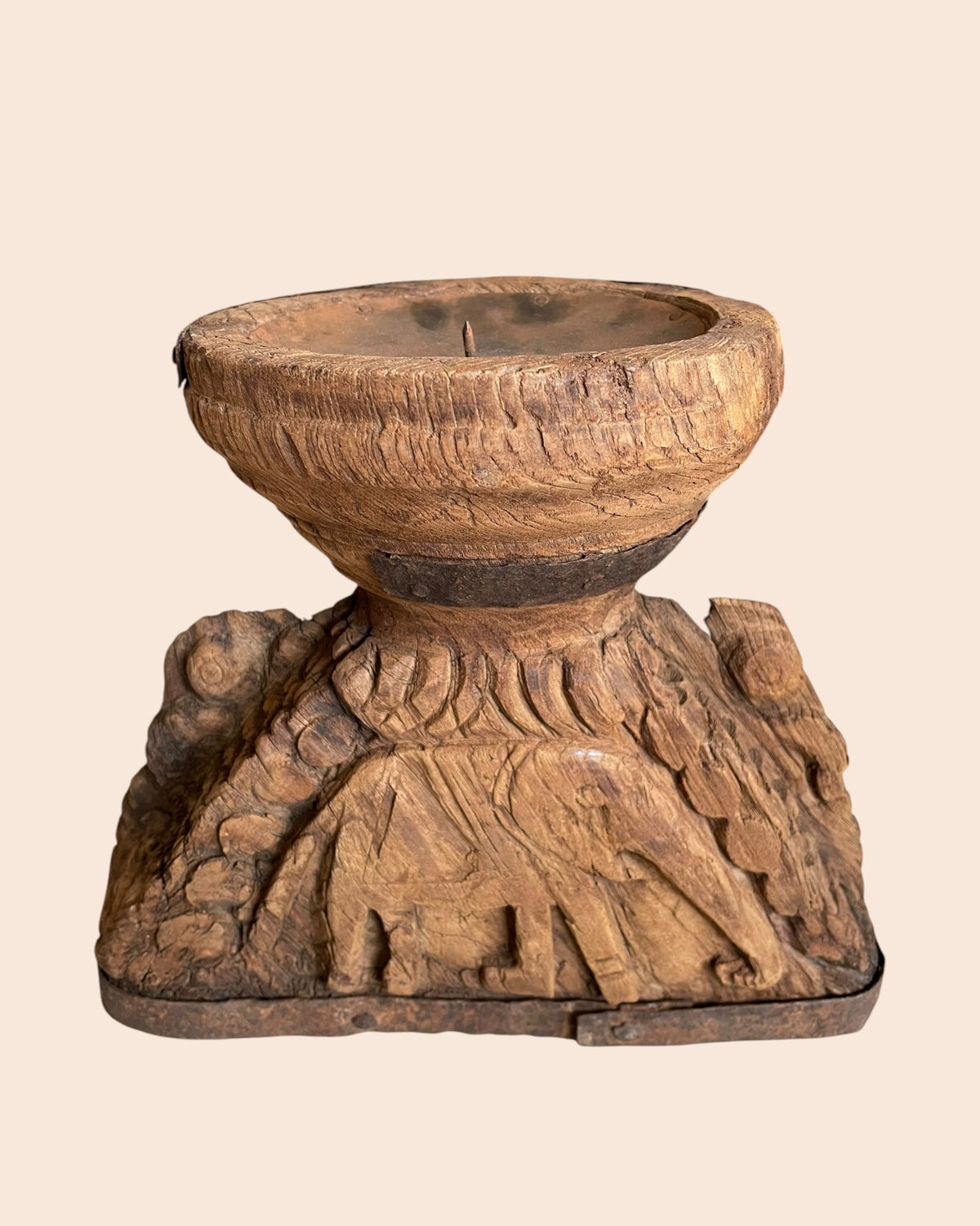 vintage elephant & bird carved candle holder & planter with aged iron bands