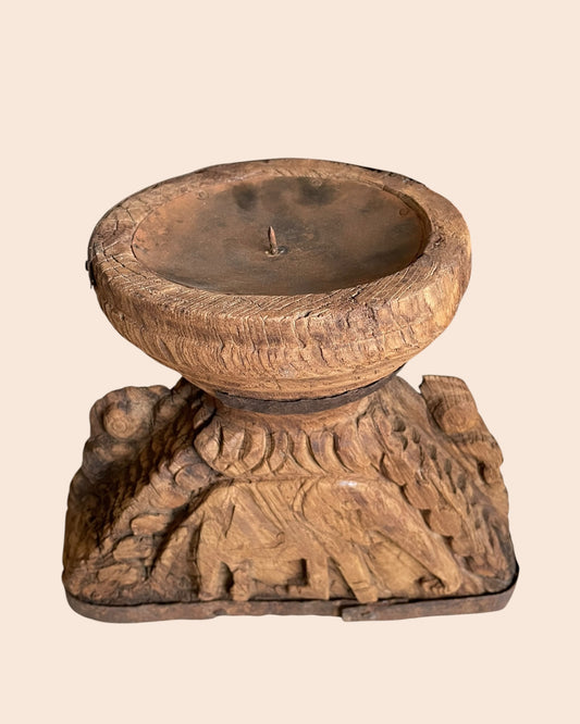 Vintage Elephant & Bird Carved Candle Holder & Planter with Aged Iron Bands