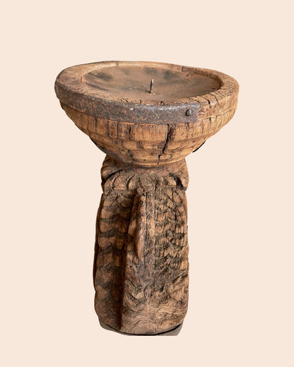 Vintage Elephant & Bird Carved Candle Holder & Planter with Aged Iron Bands