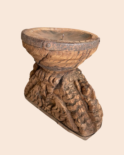 Vintage Elephant & Bird Carved Candle Holder & Planter with Aged Iron Bands